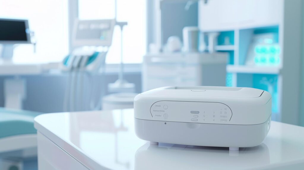 Scocca Di Design Per Dispositivo Medicale Realizzata Tramite Termoformatura Sottovuoto, Finitura Opaca E Linee Curve.