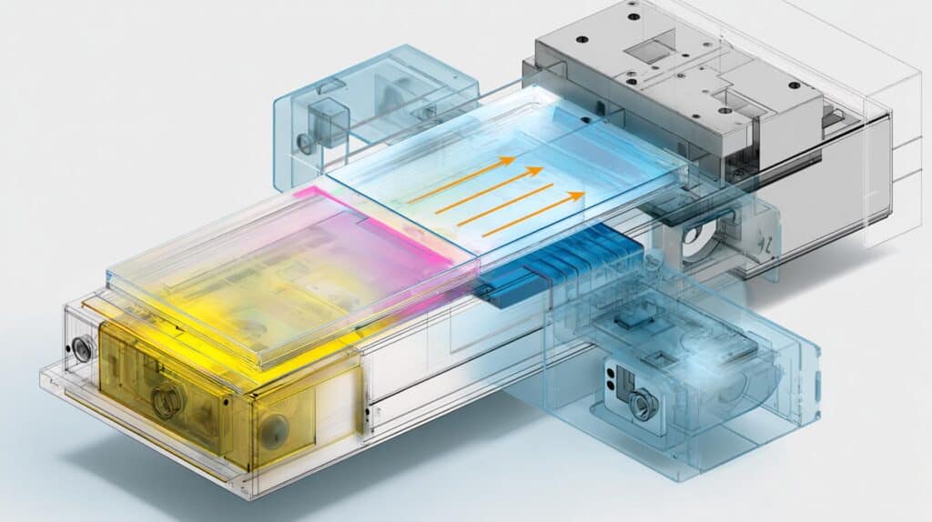 Progettazione E Realizzazione Stampi Termoformatura: L’architettura Nascosta Della Qualità 2 Illustrazione 3D Del Processo Di Termoformatura, Che Mostra Il Foglio Di Plastica Che Aderisce A Uno Stampo.