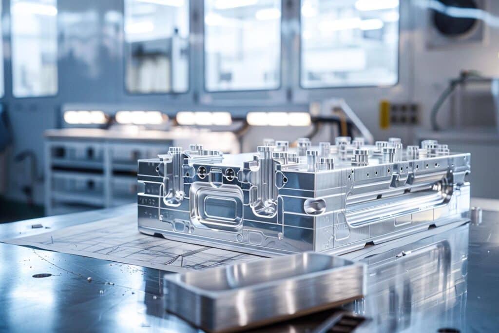 Dettaglio Di Uno Stampo In Alluminio Per Termoformatura Plastica Lavorato A Cnc Su Un Banco Di Lavoro Industriale.