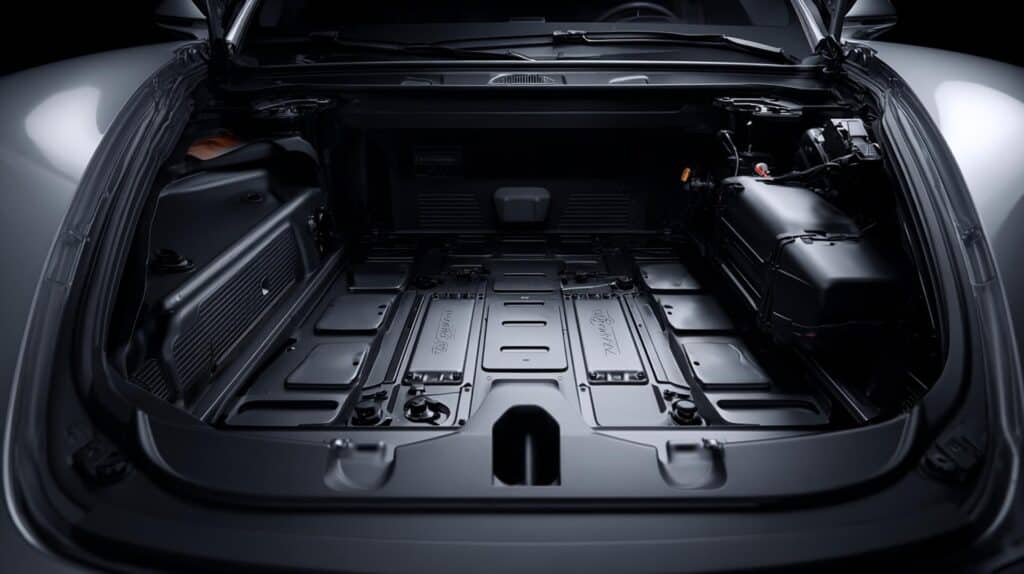 Vano Motore Di Un Veicolo Elettrico Che Mostra Componenti Automotive Termoformati In Plastica Nera Per L'Isolamento E La Protezione Strutturale Leggera.