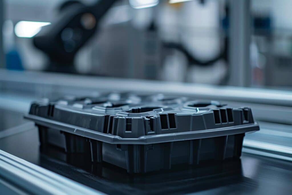 Vassoio Termoformato Industriale Di Colore Grigio Scuro Progettato Su Misura Per Alloggiare Componenti Meccanici Di Precisione, Posizionato Su Una Linea Di Assemblaggio Automatizzata Con Un Braccio Robotico Sullo Sfondo.