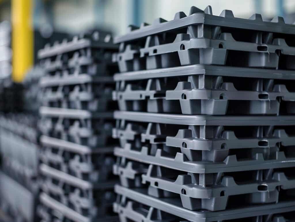 Pila Di Vassoi In Polistirolo Termoformato Grigio (Handling Trays) Progettati Su Misura Per La Logistica Industriale E La Protezione Di Componenti.
