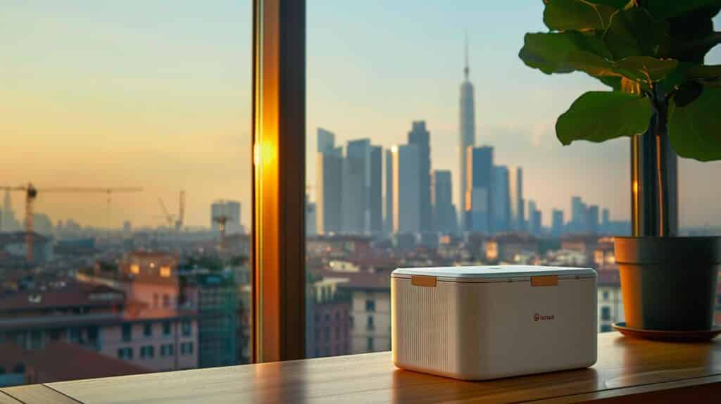 Esempio Di Packaging Termoformato Protettivo Per Un Dispositivo Medico Su Una Scrivania Di Design, Con Lo Skyline Moderno Di Milano E La Torre Unicredit Visibili Dalla Finestra, A Rappresentare L'Eccellenza Locale.