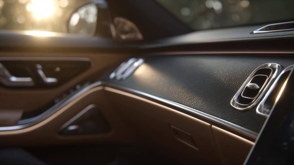 Dettaglio Interni Auto Di Lusso Con Cruscotto E Pannelli Porta Realizzati In Componenti Automotive Termoformati Con Texture Effetto Pelle E Alluminio.