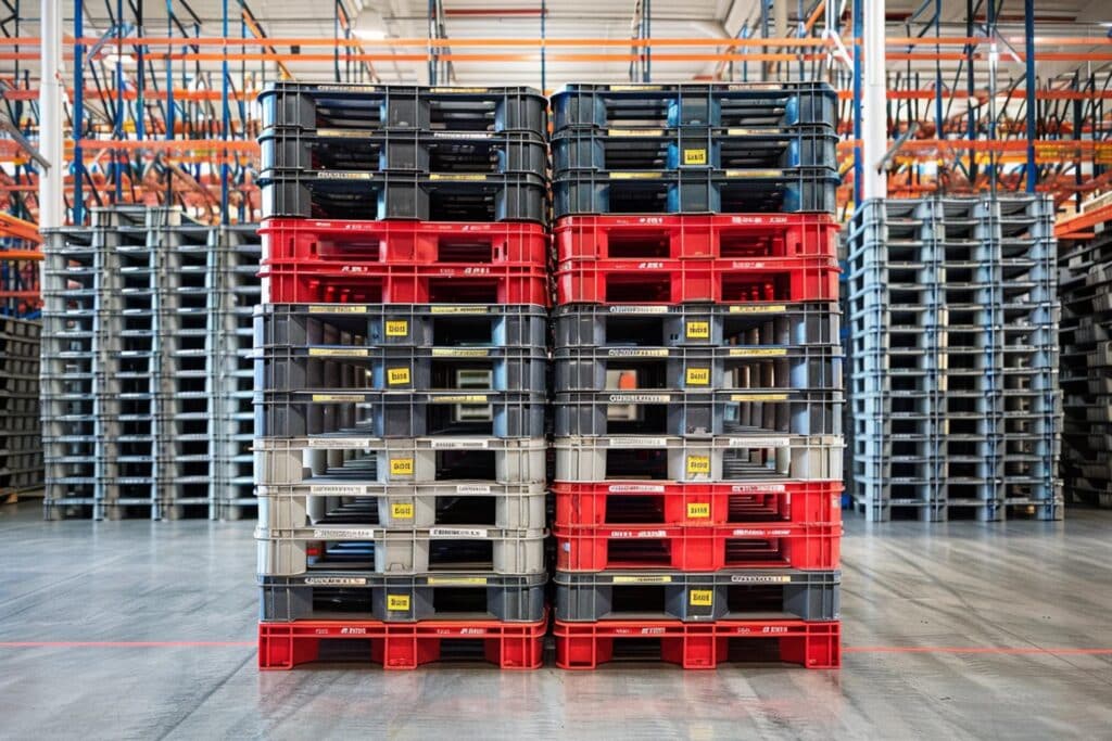 Pila Di Vassoi Di Movimentazione (Handling Trays) Impilati In Un Magazzino Logistico.