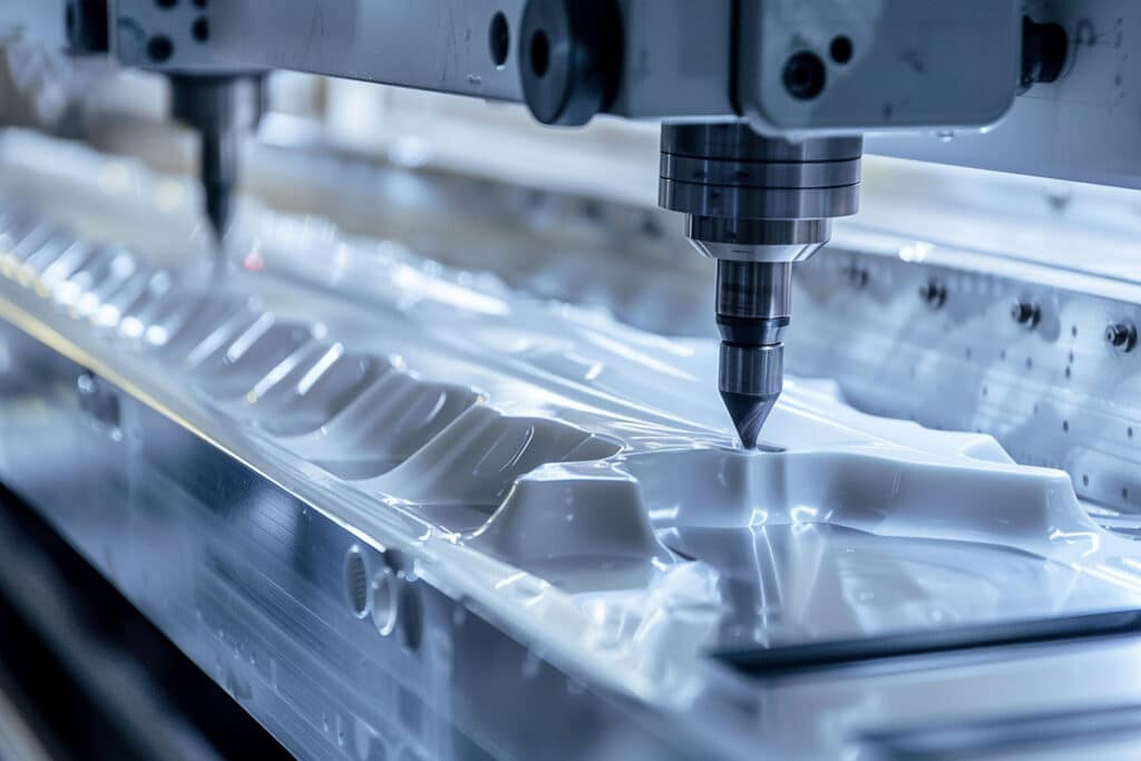 Fresa Cnc A 5 Assi Che Rifila Con Precisione Millimetrica Una Copertura Per Apparecchiature Medicali.