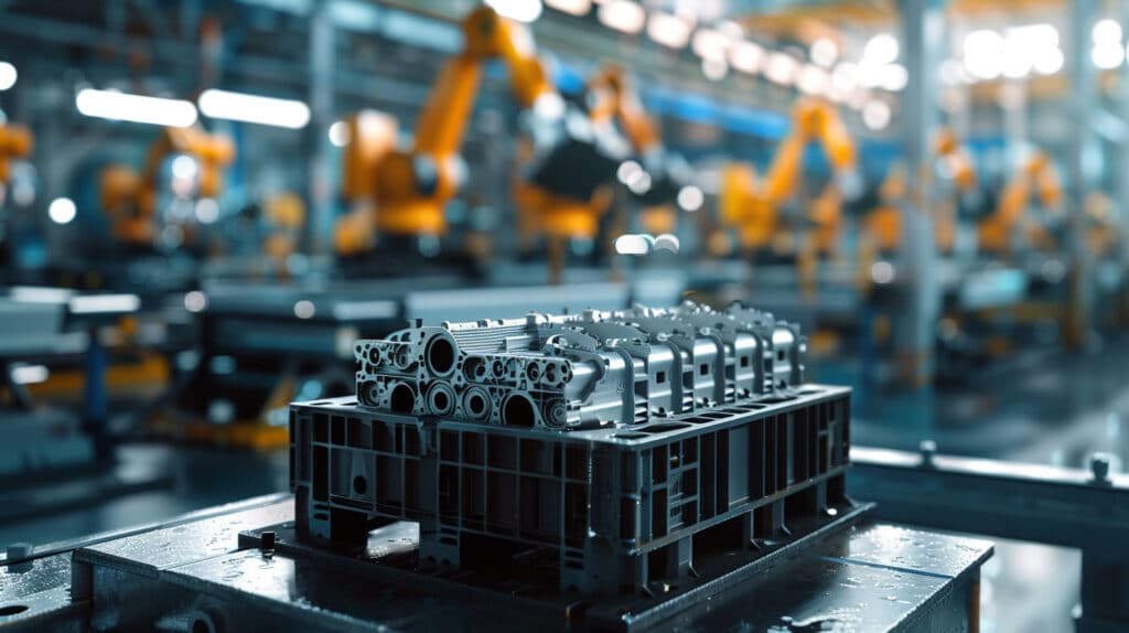 Pallet Industriale Heavy-Duty Termoformato In Hdpe Nero In Un Magazzino Automatizzato.