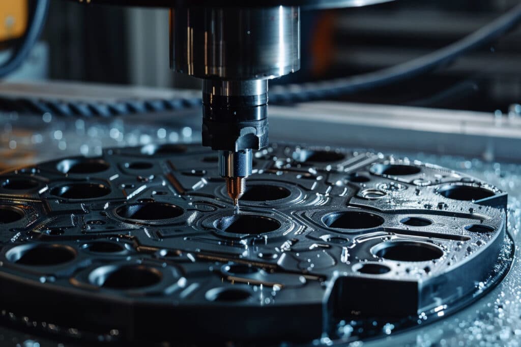 Macchinario Cnc A 5 Assi Durante La Fresatura Di Precisione Di Un Involucro Plastico Per Hardware.