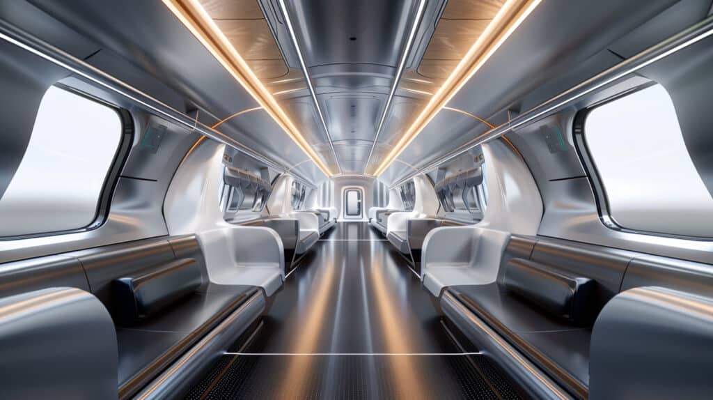 Interno Di Un Treno Ad Alta Velocità Moderno Con Pannelli Laterali Termoformati E Sedili Ignifughi.