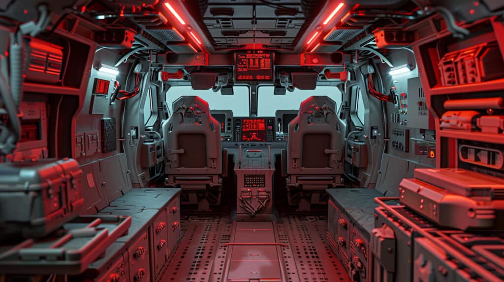 Interno Di Un Veicolo Militare Da Trasporto Truppe Con Pannelli Termoformati Modulari Grigio Opaco.