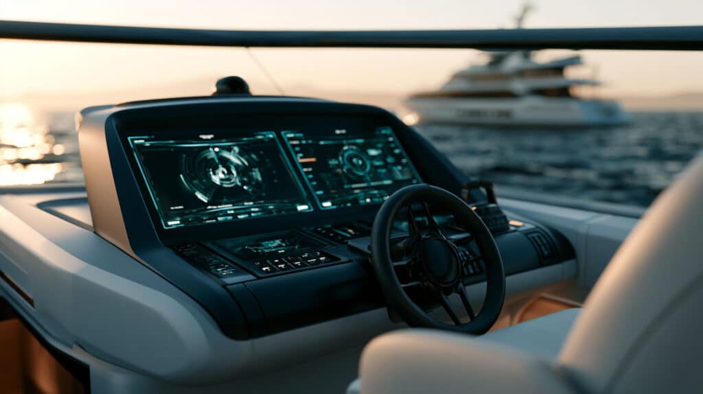 Cruscotti Nautici: Ingegneria Dei Materiali E Termoformatura Per Ambienti Estremi 1 Moderna Plancia Di Comando Di Uno Yacht Con Cruscotto Nautico Termoformato E Display Di Navigazione Integrati.