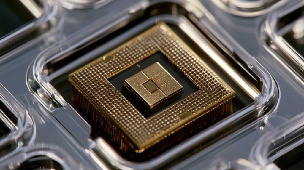 Soluzioni Di Imballaggio Conformi Ansi/Esd S20.20: Ingegneria Della Protezione Elettrostatica 2 Braccio Robotico Pick And Place Che Estrae Un Chip Da Un Imballaggio Esd In Ambiente Di Camera Bianca.