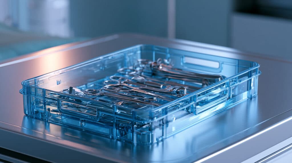 Vassoio Chirurgico Termoformato In Ppsu Azzurro Contenente Strumenti Medici Ortopedici Sterilizzati.
